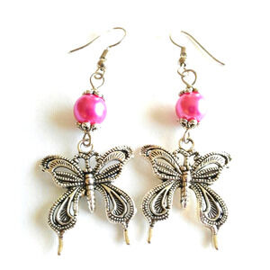 New Hotpink Glass Bead Butterfly Silver Earrings